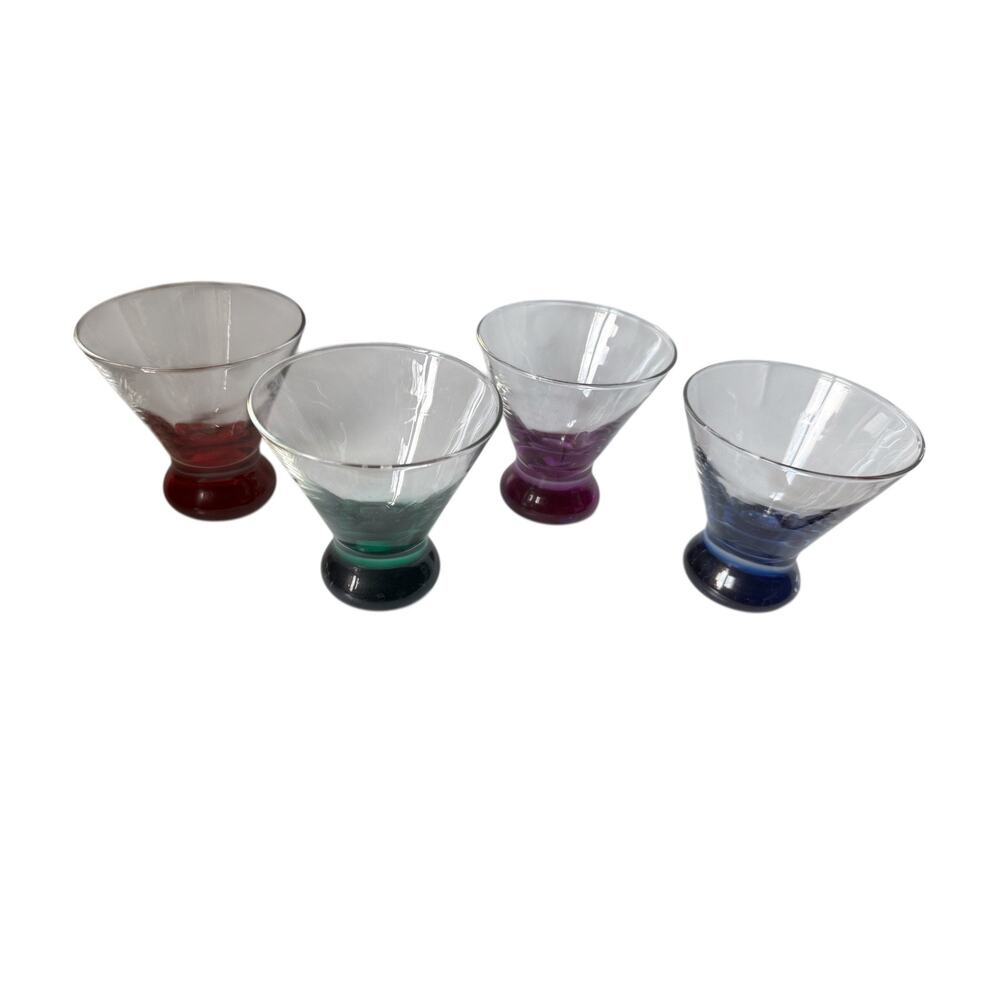 Vintage Colored Base Cocktail Glasses Set of 4 Hand Blown Style Red Green Purple